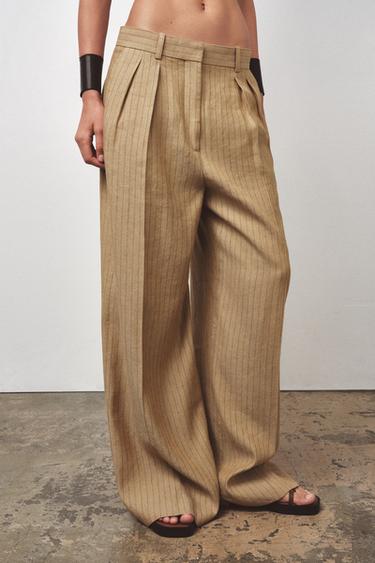 Zara ZW COLLECTION LINEN STRIPE PLEATED PANTS - Light camel
