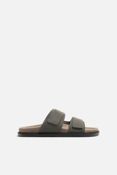 DOUBLE STRAP LEATHER SANDALS - Taupe Grey by Zara