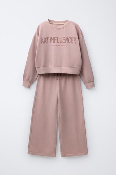 ENSEMBLE SWEAT ET PANTALON WIDE LEG AVEC INSCRIPTION - Rose de Zara