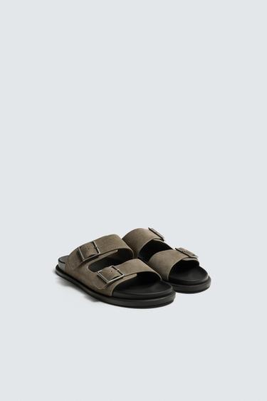SANDALES EN CUIR DOUBLE BRIDE - Gris taupe de Zara