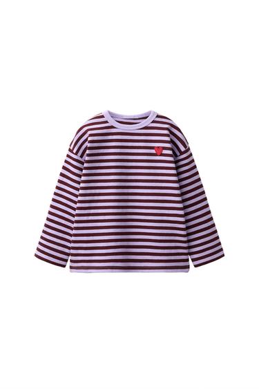 Zara 愛心刺繡條紋 T 恤 - 紫色
