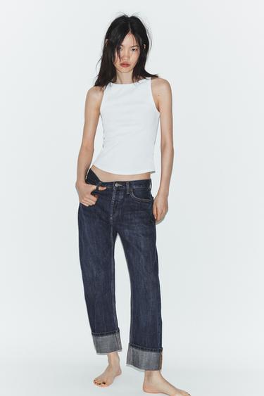 Zara TRF MID-RISE FOLD UP STRAIGHT LEG JEANS - Dark indigo