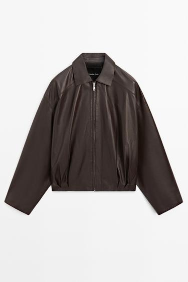 Zara Nappa leather jacket with pleated detail - Brown