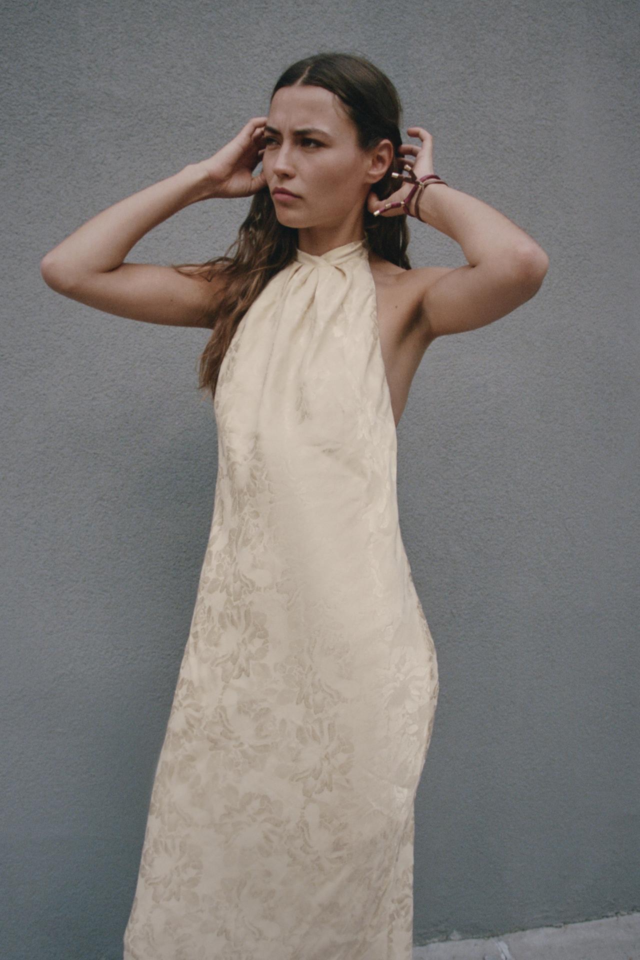 FLORAL JACQUARD MIDI DRESS — Soft gold