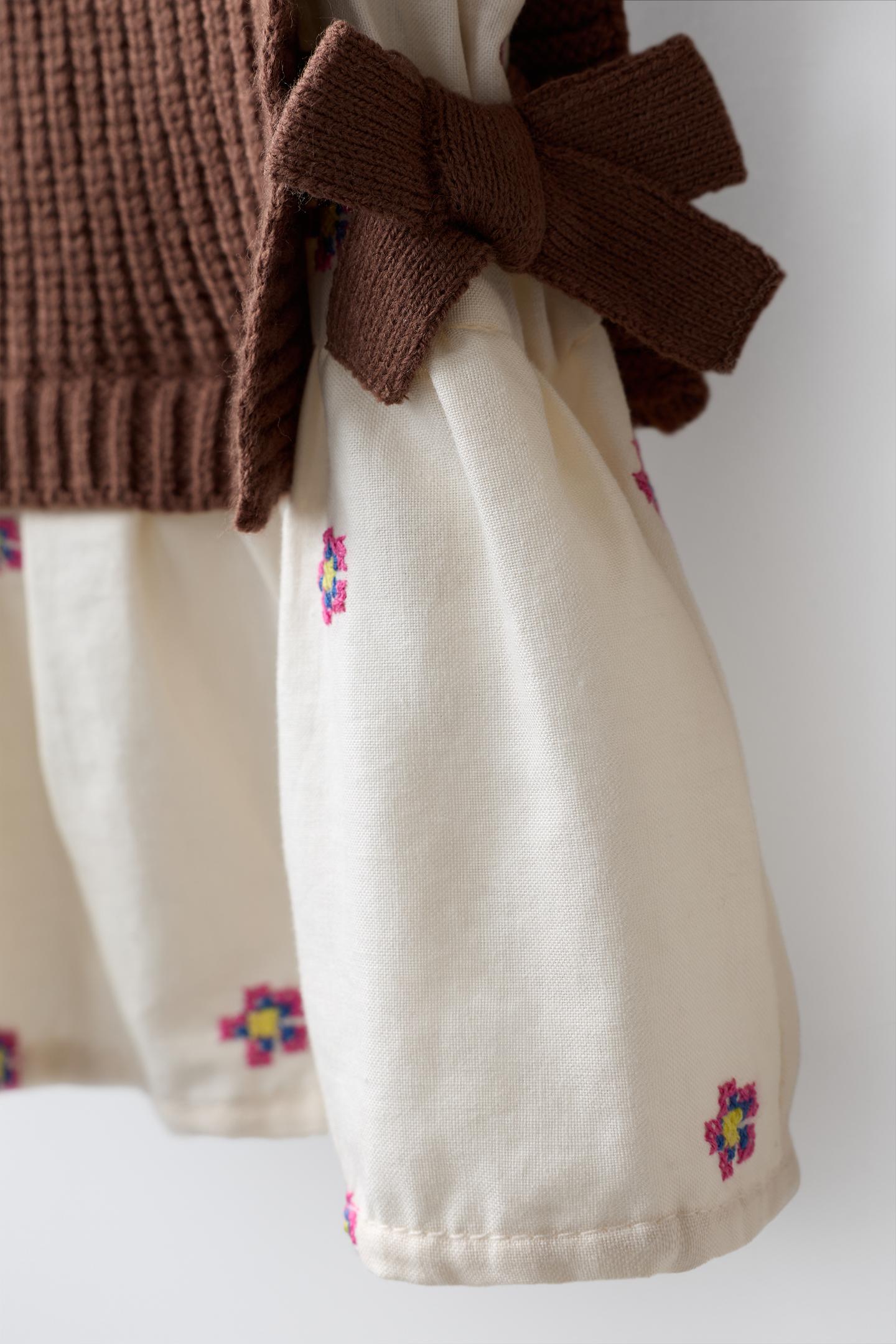 Детская рубашка Zara Floral Embroidered Shirt with Knit Vest, цвет: Коричневый — фото 3