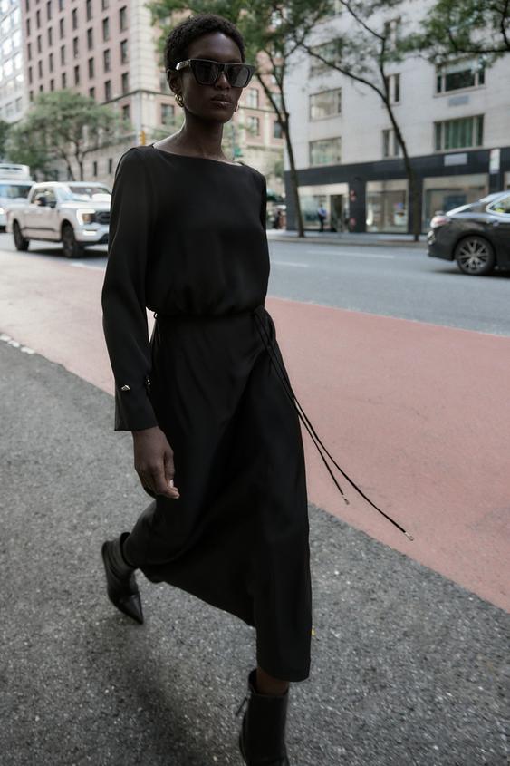 BELTED CREPE MIDI DRESS