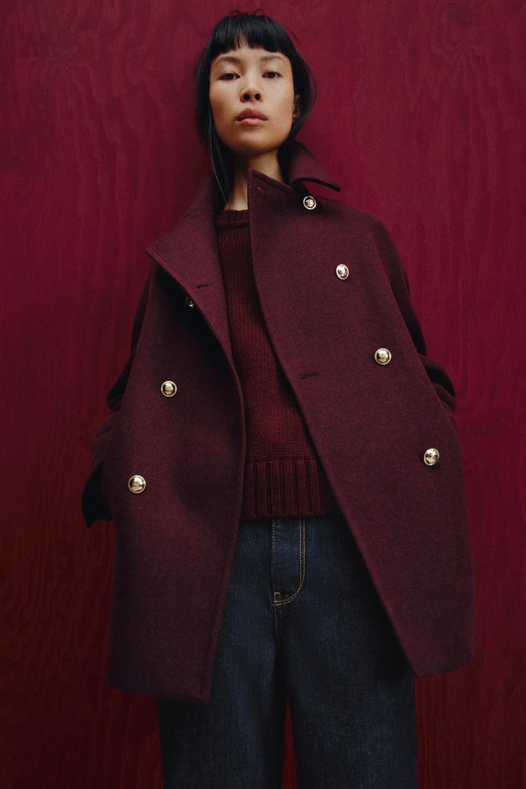 ウール ダブルブレスト ニットコート - バーガンディ | ZARA Japan / 日本 