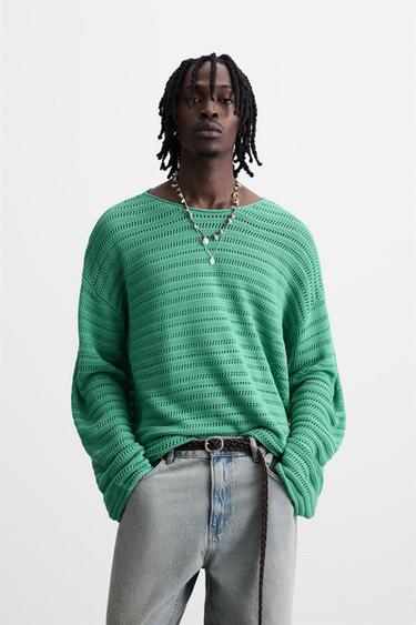 Zara OPEN KNIT TEXTURED SWEATER - Turquoise