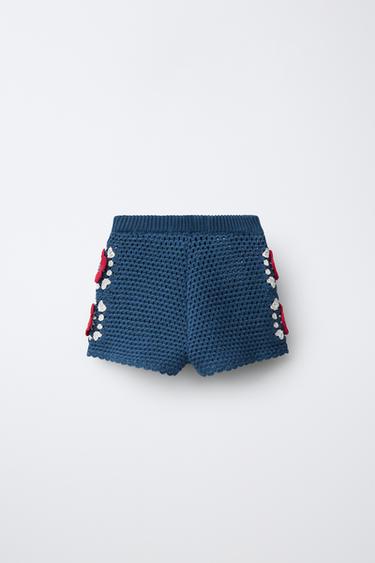 KNIT BERMUDA SHORTS WITH CROCHET FLOWERS - Blue by Zara - Image 1