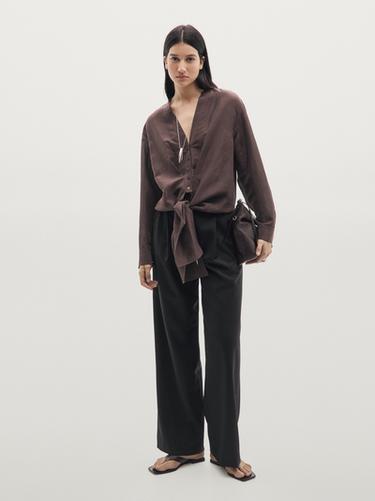 Camisa nudo con lino - Berenjena de Zara - Imagen 0