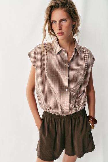 CHEMISE COURTE À CARREAUX VICHY - marron/blanc de Zara
