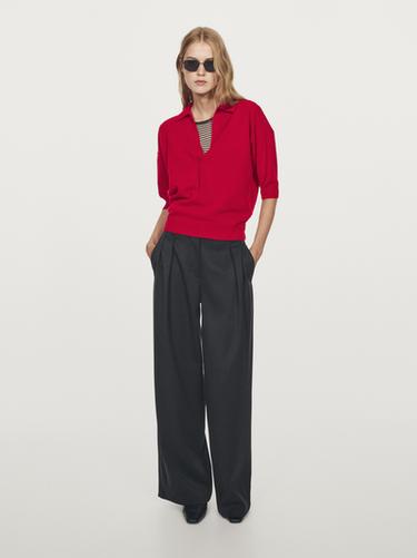 Polo col V en maille de laine mélangée - Rouge de Zara