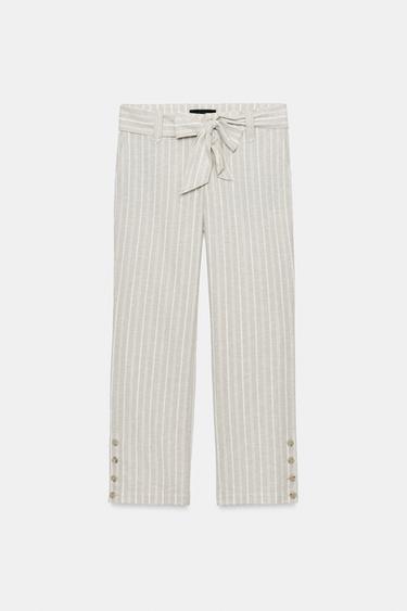 PANTALON LIN CEINTURE RAYURES - Marron clair de Zara - Image 6