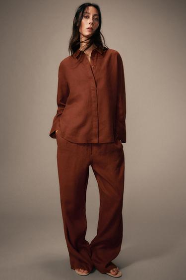 PANTALÓN PALAZZO LINO 100% ZW COLLECTION - Terracota de Zara