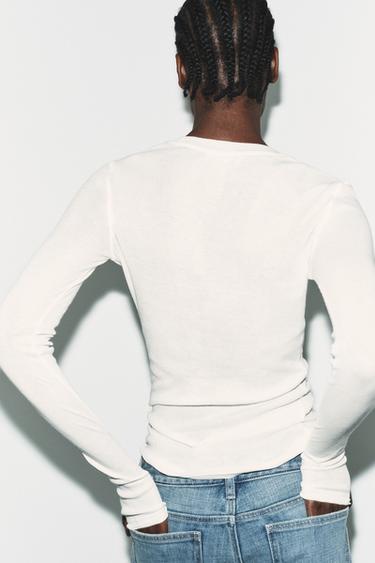 COTTON LONG SLEEVE T-SHIRT - Oyster-white by Zara - Image 2