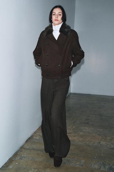 CHAQUETA CON LANA CUELLO EFECTO PELO ZW COLLECTION - Marrón de Zara