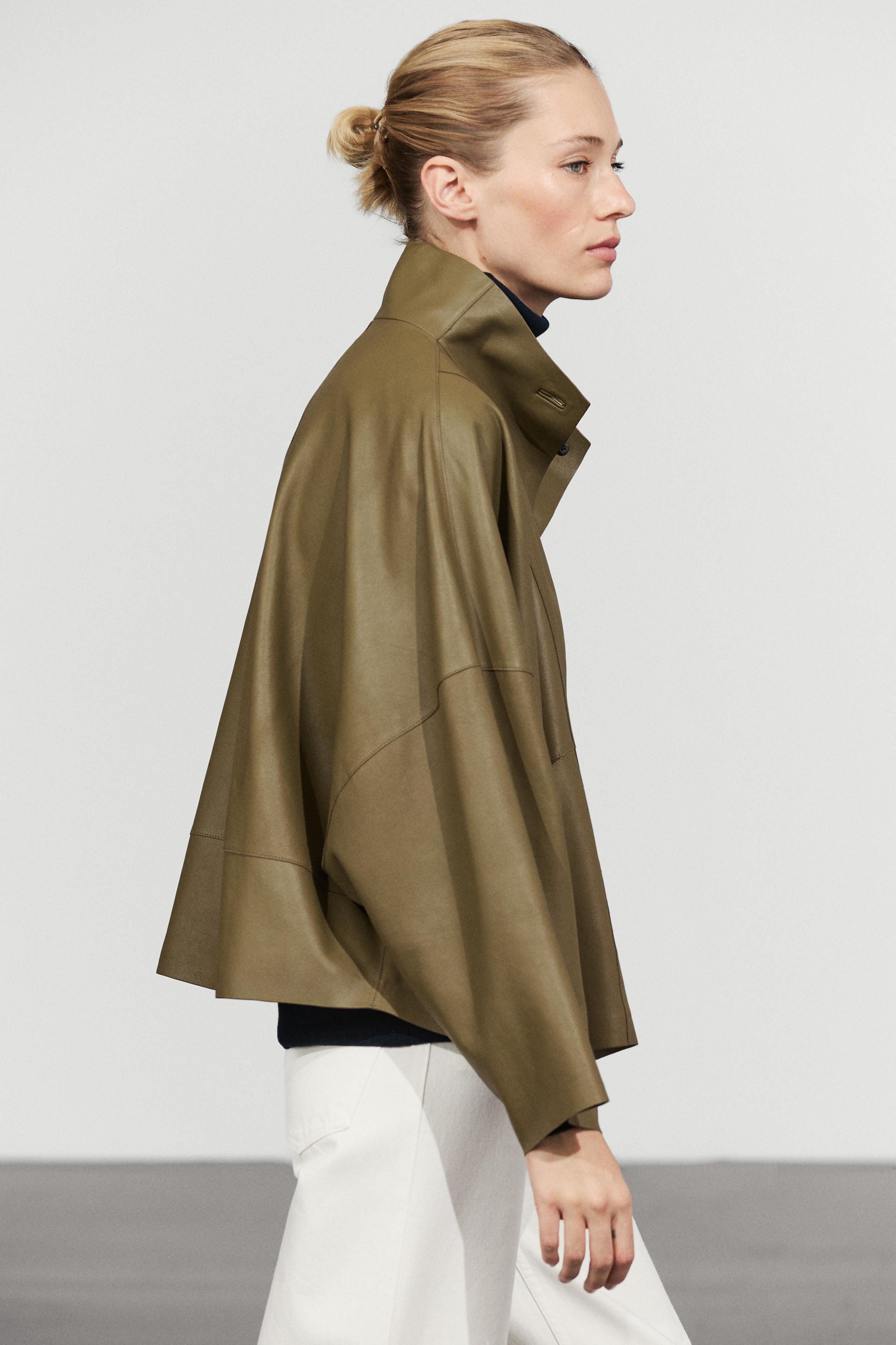 Stand collar nappa leather cropped jacket
