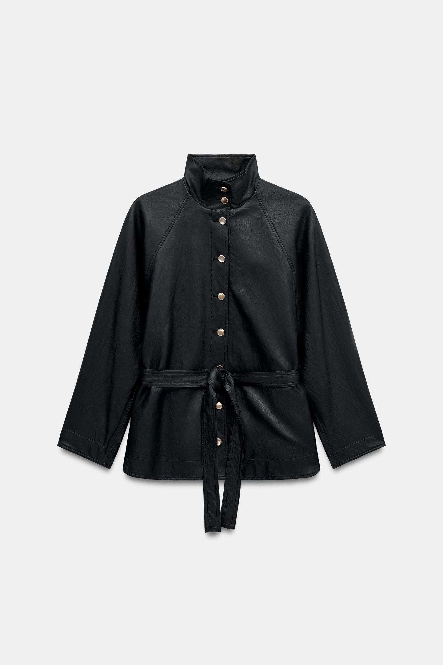 Женская куртка Zara Faux Leather Belted, цвет: Чёрный — фото 6