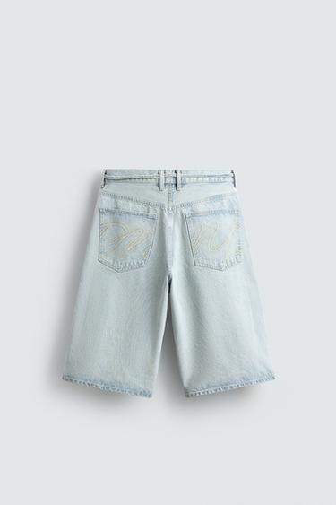 EMBROIDERED BAGGY FIT DENIM JORTS - Light blue by Zara - Image 7