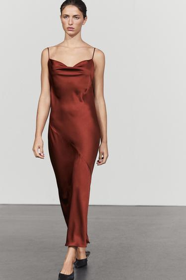 Flowing satin finish midi dress — Burnt orange 2