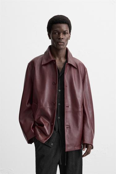VINTAGE-EFFECT LEATHER JACKET - Burgundy by Zara
