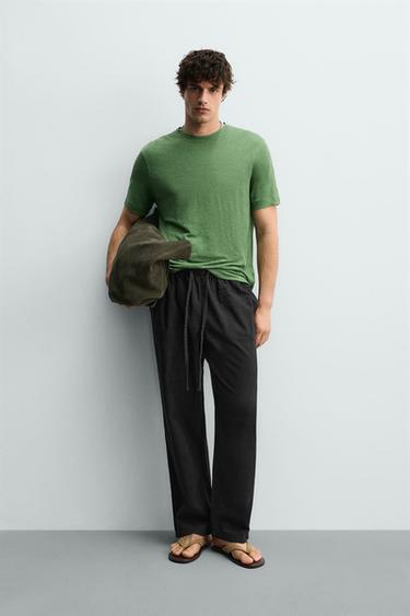 REGULAR FIT LINEN BLEND T-SHIRT - Green by Zara