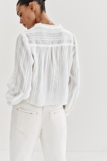 LACE-TRIMMED SHORT SHIRT - Oyster-white by Zara - Image 4
