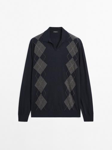 Zara Wool blend Argyle knit polo sweater - Navy blue