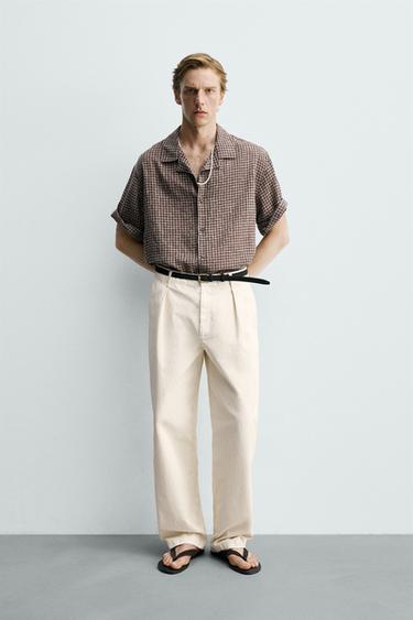 חולצת RELAXED FIT ז'קארד משובצת - חום של Zara