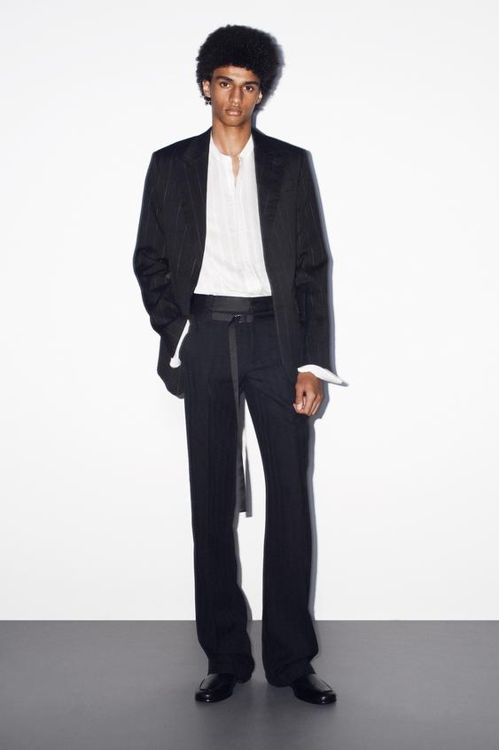 Zara CONTRAST HERRINGBONE STRAIGHT-FIT PANTS - Black - Image 0