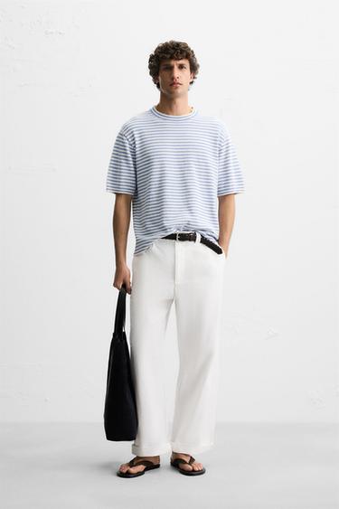 STRIPED TEXTURED KNIT T-SHIRT - Blue/White by Zara