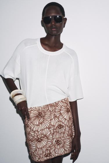 Zara ZW COLLECTION FLORAL EMBROIDERED MINI SKIRT - Ecru / Brown