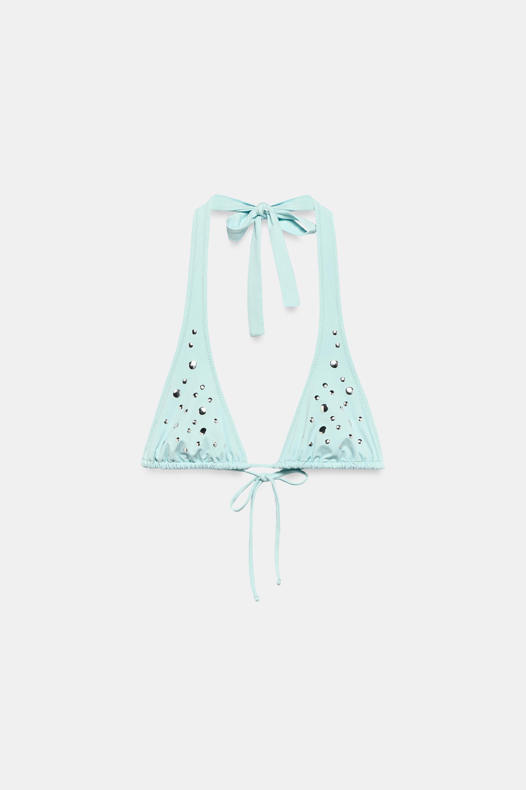 STUDDED SLIDING TRIANGLE BIKINI TOP — Light turquoise