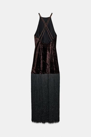 ROBE MI-LONGUE EN VELOURS À FRANGES - Marron de Zara - Image 9