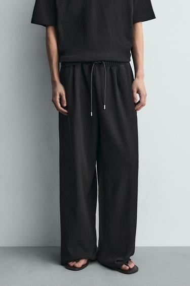 Zara 休閒版羅紋打褶長褲 - 黑色