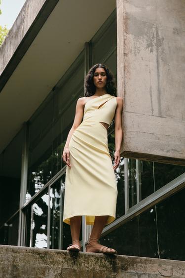 ROBE MI-LONGUE ASYMÉTRIQUE AJOURÉE - Jaune de Zara - Image 1