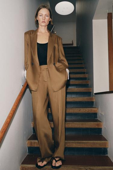 LINEN BLEND STRAIGHT-LEG TROUSERS SET - Caramel by Zara