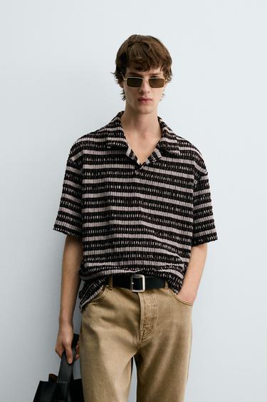 JACQUARD KNIT POLO SHIRT - Ecru / Brown by Zara