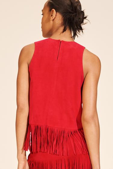 LIMITED EDITION SUEDE LEATHER FRINGED TOP - Red by Zara - Image 3