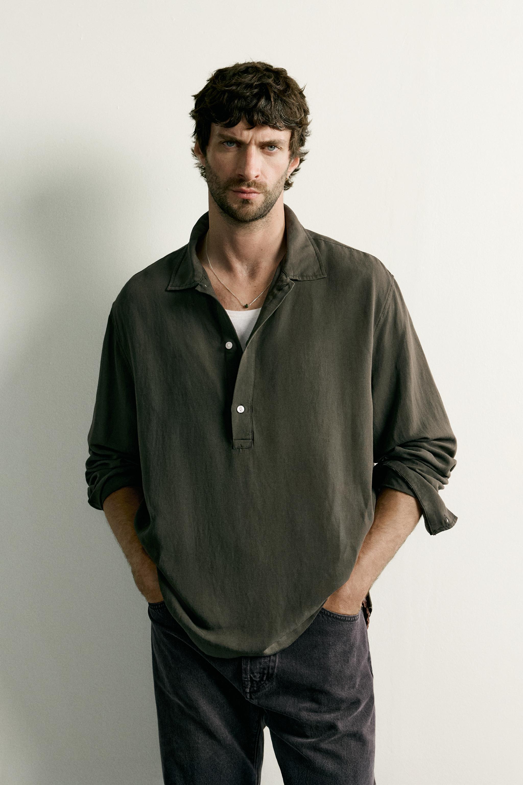 Мужские рубашки Zara REGULAR FIT LINEN VISCOSE POLO SHIRT — фото 2