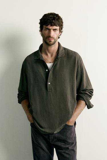 VISCOSE/LINEN REGULAR FIT POLO SHIRT - Dark khaki by Zara