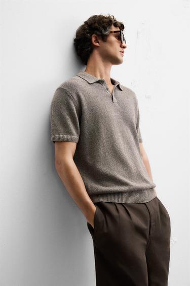 CONTRAST TEXTURE KNITTED POLO SHIRT - Brown by Zara - Image 5