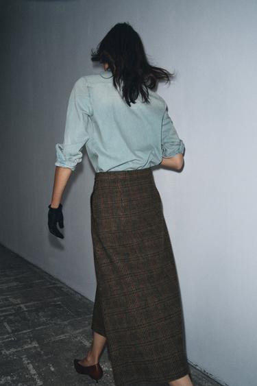 JUPE À CARREAUX PLIÉE AVEC LAINE ZW COLLECTION - Marron-Bleu de Zara - Image 6