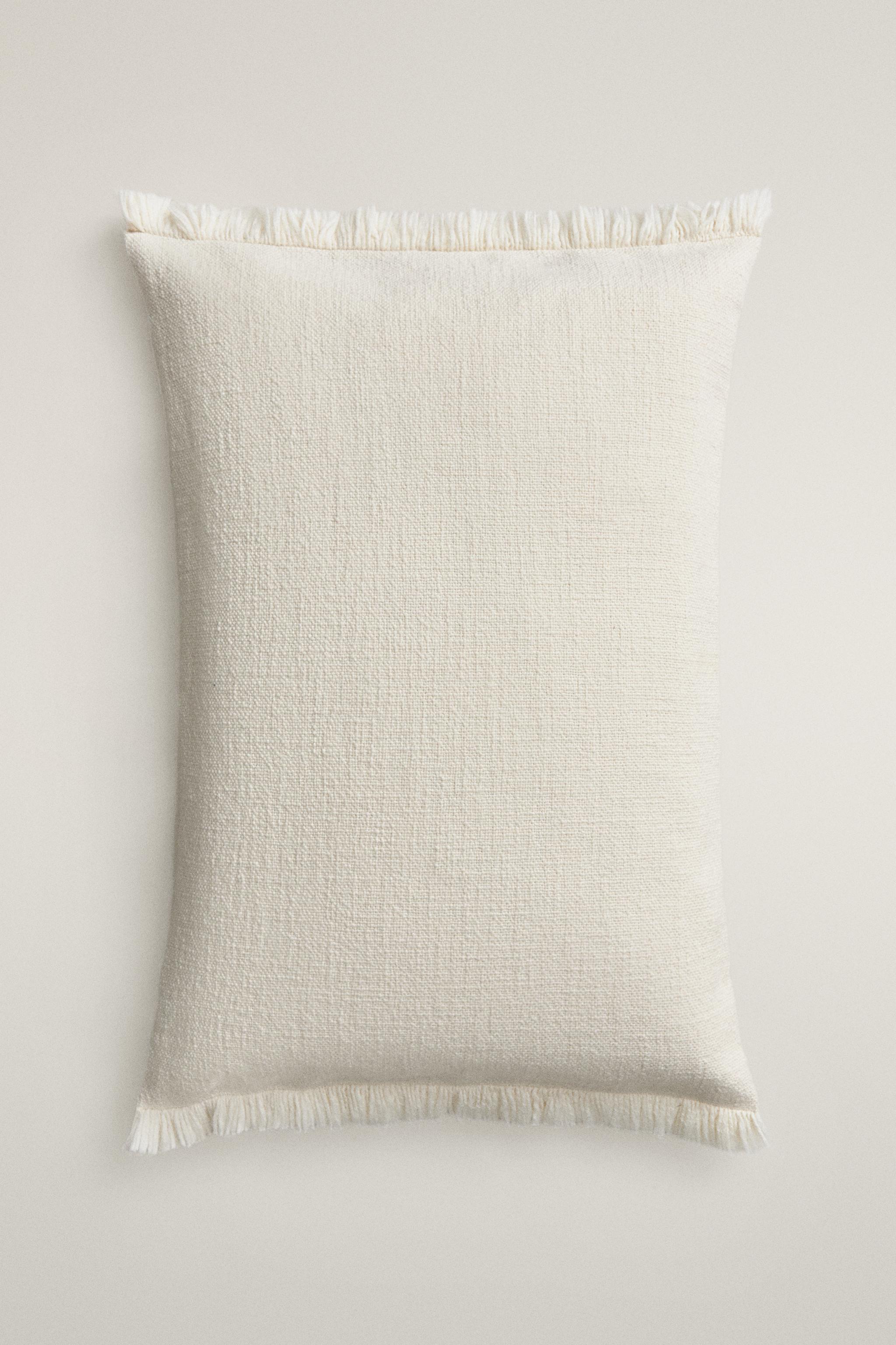 STRIPED FRINGE THROW PILLOW COVER — Ecru