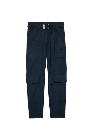 Front view of dark blue cargo trousers with side pockets and an adjustable belt.
