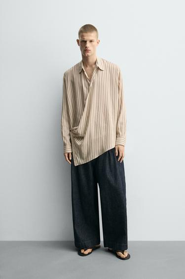 CHEMISE CROISÉE À RAYURES EN VISCOSE ET SOIE - Sable de Zara