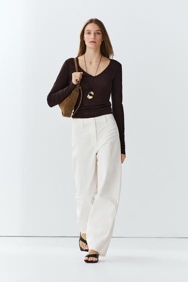 Zara 100% Cotton barrel fit pants - Oyster-white - Image 0