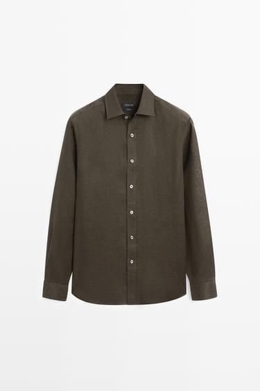 Chemise regular fit 100 % lin - Vert foncé de Zara