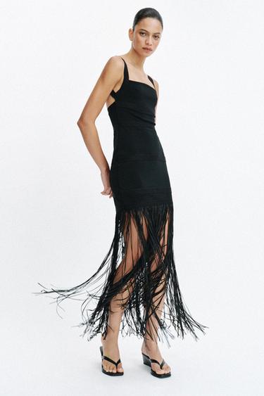 ROBE LONGUE À FRANGES - Noir de Zara - Image 1