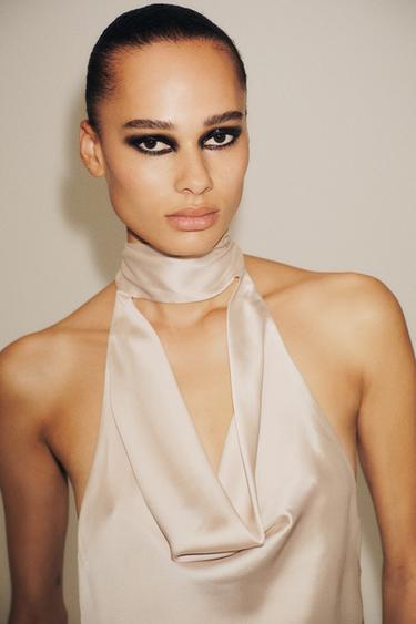 FRINGED SATIN HALTER TOP - Sand by Zara